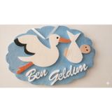 Mavi Simli Strafor Bebek Kapı Süsü - Leylek Figürlü Altta "Ben Geldim" Yazılı Erkek Bebek Hastane Odası ve Bebek Odası Duvar Dekoru - 45x30 cm