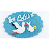 Mavi Simli Strafor Bebek Kapı Süsü - Leylek Figürlü "Ben Geldim" Yazılı Erkek Bebek Hastane Odası ve Bebek Odası Duvar Dekoru - 45x30 cm
