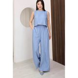 Mavi Sırtı Çapraz Bağcıklı Crop Bluz & Yüksek Bel Palazzo Pantolon Alt Üst Takım