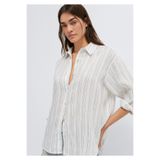 Mavi Siyah Çizgili Beyaz Keten Gömlek Oversize / Geniş Kesim 1210748-81510