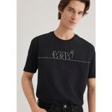 Mavi Siyah Tişört Kısa Kol Erkek Günlük Stil Loose Fit 100% Pamuklu Logo Baskılı
