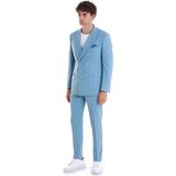 Mavi Slim Fit Çizgili Kruvaze Takım Elbise - 50