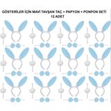 Mavi Tavşan Kostüm Seti – Taç, Papyon, Ponpon (12’li Paket)