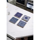 Mavi Tile Desen Doğal Taş Traverten Bardak Altlığı 4 Lü Set