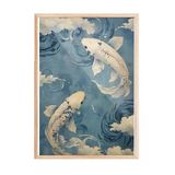 Mavi Tonlarda Koi Balıkları Ve Japon Dalgaları Temalı Ahşap Çerçeveli Tablo, 30 X 40 Cm