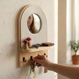 MAVİ TREND Aynalı Ahşap Duvar Hol Anahtar Askısı, Minimalist Dekoratif Modern Anahtarlık