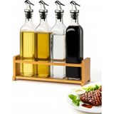 Mavi Trend Cam Zeytinyağı ve Sirke Şişesi Seti Doğa Ahşap Tutucu 250ml Sızdırmaz Kapaklı Sos Yağdanlık Set Standlı 4'lü Set