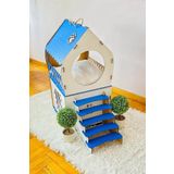 mavi trend Dekoratif Ahşap Kedi Evi Teraslı 2 Katlı Merdivenli Kedi Evi - Beyaz