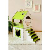 Mavi Trend Dekoratif Ahşap Kedi Evi Teraslı 2 Katlı Merdivenli Kedi Evi Yeşil - Beyaz