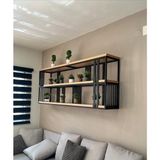 Mavi Trend Metal ve Ahşap Duvar Rafı, Çok Yönlü Depolama Rafı, Kitaplık, Ev, Mutfak, Bar, Kafe Için Metal Raflı ve Ahşap Bölmeli Asma Teşhir Ünitesi - Siyah - 1 adet