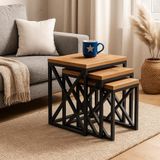 Mavi Trend Modern Estetik Çok Amaçlı Siyah Metal Ayak 3'lü Doğal Ahşap Zigon Sehpa
