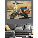 Mavi Turuncu Damalı Retro Scooter Motosiklet Dekoratif Kanvas - Mdf Ahşap Tablo