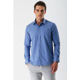 Mavi Uzun Kollu Armürlü Cepsiz Pamuklu Likralı Slim Fit Dar Kesim Gömlek 1004240193
