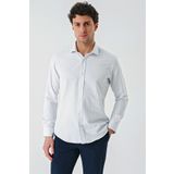 Mavi Uzun Kollu Desenli Armürlü Cepsiz Pamuklu Klasik Slim Fit Dar Kesim Gömlek 1004240189