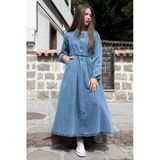Mavi Uzun Kollu Önü Fermuarlı Kız Çocuk Kuşaklı Jean Elbise 22741