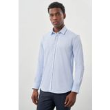 Mavi Uzun Kollu Sert Yaka Cepsiz Pamuklu Likralı Klasik Slim Fit Dar Kesim Gömlek 1004245234