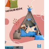 Mavi Vitrin Küçük Irk Köpek Ve Kedi Çadırı Yıkanabilir Soft Yırtılmaz Kumaş Doğal Ahşap (TURKUAZ GRİ)