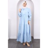 Mavi Yaka Bağlamalı Eteği Katlı Muslin Elbise - 38