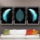 Mavi Yaprak ve Mavi Tüy Temalı Aynalı Çerçeveli 3 lü Kanvas Tablo Seti 150x70 cm SETS0056