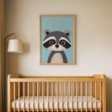 Mavi Zeminli Rakun Çocuk Odası Duvar Posteri Çerçeveli Tablo Duvar Dekorasyonu - 21 x 30 - Ahşap Çerçeveli