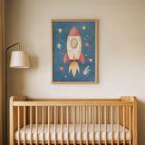 Mavi Zeminli Roket Çocuk Odası Duvar Posteri Çerçeveli Tablo Duvar Dekorasyonu - 30 x 40 - Ahşap Çerçeveli