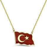 Mavili Gümüş Türk Bayrağı Mineli Gümüş Kolye - Altın