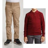 Mavimoure Unisex Çocuk Ribana Bel Keten Bej Okul Pantolonu + Polo Yaka Uzun Kol T-Shirt - Bej - Bordo - 8 Yaş