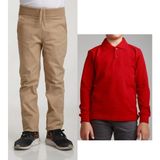 Mavimoure Unisex Çocuk Ribana Bel Keten Bej Okul Pantolonu + Polo Yaka Uzun Kol T-Shirt - Bej - Kırmızı - 6 Yaş