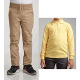 Mavimoure Unisex Çocuk Ribana Bel Keten Bej Okul Pantolonu + Polo Yaka Uzun Kol T-Shirt - Bej - Sarı - 9 Yaş