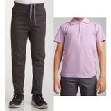 Mavimoure Unisex Çocuk Ribana Bel Keten Füme Okul Pantolonu + Polo Yaka Kısa Kol T-Shirt - Füme - Lila - 7 Yaş