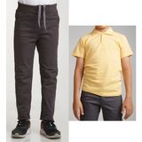 Mavimoure Unisex Çocuk Ribana Bel Keten Füme Okul Pantolonu + Polo Yaka Kısa Kol T-Shirt - Füme - Sarı - 7 Yaş