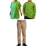 Mavimoure Unisex Çocuk Ribana Bel Keten Okul Pantolonu + Polo Yaka Kısa ve Uzun Kol T-Shirt - Bej - Açık Yeşil - 9 Yaş