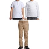 Mavimoure Unisex Çocuk Ribana Bel Keten Okul Pantolonu + Polo Yaka Kısa ve Uzun Kol T-Shirt - Bej - Beyaz - 15 Yaş
