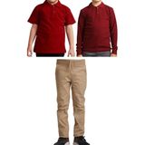Mavimoure Unisex Çocuk Ribana Bel Keten Okul Pantolonu + Polo Yaka Kısa ve Uzun Kol T-Shirt - Bej - Bordo - 14 Yaş