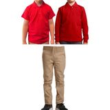 Mavimoure Unisex Çocuk Ribana Bel Keten Okul Pantolonu + Polo Yaka Kısa ve Uzun Kol T-Shirt - Bej - Kırmızı - 8 Yaş