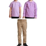 Mavimoure Unisex Çocuk Ribana Bel Keten Okul Pantolonu + Polo Yaka Kısa ve Uzun Kol T-Shirt - Bej - Lila - 14 Yaş