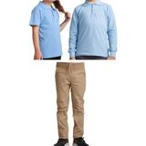 Mavimoure Unisex Çocuk Ribana Bel Keten Okul Pantolonu + Polo Yaka Kısa ve Uzun Kol T-Shirt - Bej - Mavi - 10 Yaş