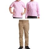 Mavimoure Unisex Çocuk Ribana Bel Keten Okul Pantolonu + Polo Yaka Kısa ve Uzun Kol T-Shirt - Bej - Pembe - 14 Yaş