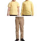 Mavimoure Unisex Çocuk Ribana Bel Keten Okul Pantolonu + Polo Yaka Kısa ve Uzun Kol T-Shirt - Bej - Sarı - 11 Yaş