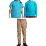 Mavimoure Unisex Çocuk Ribana Bel Keten Okul Pantolonu + Polo Yaka Kısa ve Uzun Kol T-Shirt - Bej - Turkuaz - 14 Yaş