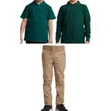 Mavimoure Unisex Çocuk Ribana Bel Keten Okul Pantolonu + Polo Yaka Kısa ve Uzun Kol T-Shirt - Bej - Yeşil - 6 Yaş