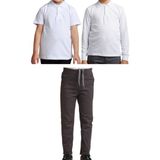 Mavimoure Unisex Çocuk Ribana Bel Keten Okul Pantolonu + Polo Yaka Kısa ve Uzun Kol T-Shirt - Füme - Beyaz - 15 Yaş