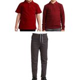 Mavimoure Unisex Çocuk Ribana Bel Keten Okul Pantolonu + Polo Yaka Kısa ve Uzun Kol T-Shirt - Füme - Bordo - 10 Yaş