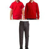 Mavimoure Unisex Çocuk Ribana Bel Keten Okul Pantolonu + Polo Yaka Kısa ve Uzun Kol T-Shirt - Füme - Kırmızı - 9 Yaş