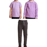 Mavimoure Unisex Çocuk Ribana Bel Keten Okul Pantolonu + Polo Yaka Kısa ve Uzun Kol T-Shirt - Füme - Lila - 8 Yaş