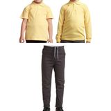 Mavimoure Unisex Çocuk Ribana Bel Keten Okul Pantolonu + Polo Yaka Kısa ve Uzun Kol T-Shirt - Füme - Sarı - 11 Yaş