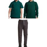 Mavimoure Unisex Çocuk Ribana Bel Keten Okul Pantolonu + Polo Yaka Kısa ve Uzun Kol T-Shirt - Füme - Yeşil - 10 Yaş