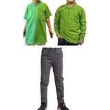 Mavimoure Unisex Çocuk Ribana Bel Keten Okul Pantolonu + Polo Yaka Kısa ve Uzun Kol T-Shirt - Gri - Açık Yeşil - 15 Yaş