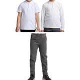 Mavimoure Unisex Çocuk Ribana Bel Keten Okul Pantolonu + Polo Yaka Kısa ve Uzun Kol T-Shirt - Gri - Beyaz - 8 Yaş