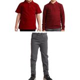 Mavimoure Unisex Çocuk Ribana Bel Keten Okul Pantolonu + Polo Yaka Kısa ve Uzun Kol T-Shirt - Gri - Bordo - 10 Yaş